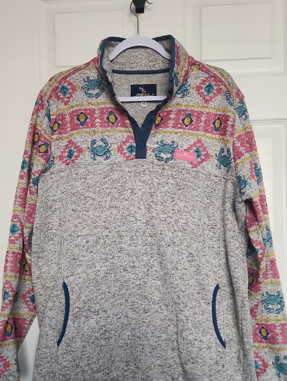 Simply Southern Gray Quarter-Zip Sweater with Pink & Teal Pattern
